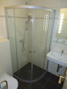 a shower with a glass door next to a sink at Hotel Ottersleben in Magdeburg