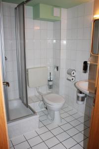 a bathroom with a toilet and a shower and a sink at Hotel Zur Friedenslinde in Nürnberg