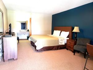 Motel 103 في Calhoun: غرفة نوم بسرير وكرسي وتلفزيون