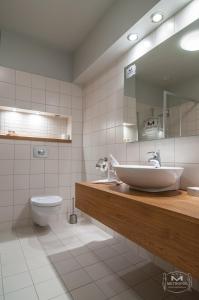 a bathroom with a sink and a toilet and a mirror at Metropol in Śrem