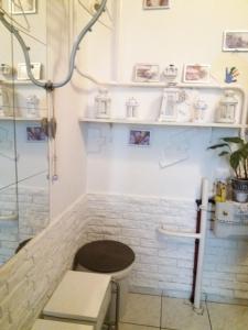 a bathroom with a toilet and a sink and shelves at Studio Gizella in Budapest