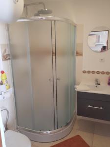 a glass shower in a bathroom with a sink at Zvaigžņu māja in Pāvilosta +63 photos