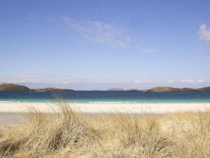 a beach with rocks in the water and grass at Otter Bunkhouse in Cairisiadar
