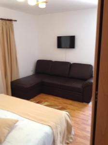 a living room with a couch and a flat screen tv at Casa Galbena in Slănic