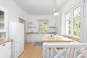 a kitchen with white appliances and a wooden table at Baráček in Janov nad Nisou