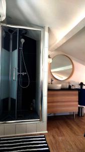 a bathroom with a shower with a sink and a mirror at Le point d'Orgue - Gagnant du Prix de la critique voyageur 2023 - vivez la Provence à votre rythme in LʼIsle-sur-la-Sorgue