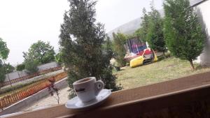 una taza de café sentada en una cornisa junto a una ventana en Hotel&SpaMontenegro Rivijera, en Veles