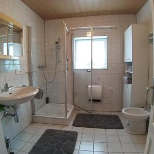 y baño con ducha y lavamanos. en Haus im Grünen - Gmundennähe, en Pinsdorf