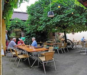 un grupo de personas sentadas en una mesa en un jardín en Hotel Nothwang, en Sindringen