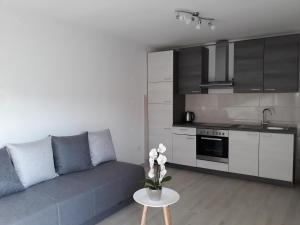 a living room with a couch and a table and a kitchen at Apartment Star Danica*** in Šibenik