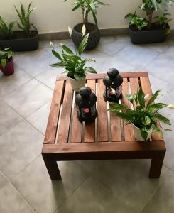 a wooden table with pots of plants on it at Appartement Miramar in Mohammedia