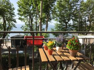 a wooden table with potted plants on a balcony at window on the lake in Anguillara Sabazia