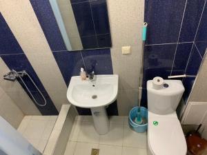 a small bathroom with a toilet and a sink at Lake Sevan Hostel in Sevan