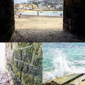 two pictures of a beach and a stone wall at Storm in a tea cup in St Ives