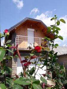 ein Gebäude mit einem Balkon mit roten Rosen in der Unterkunft Apartman Darija in Vrdnik