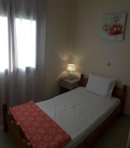 a bedroom with a bed with a lamp and a window at STERNES house in Agios Leon