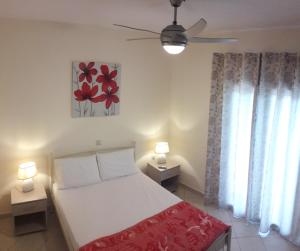 a bedroom with a bed with two tables and a ceiling fan at STERNES house in Agios Leon