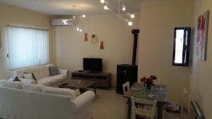 a living room with a couch and a tv at STERNES house in Agios Leon