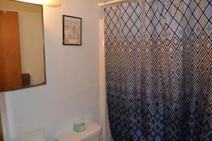 a bathroom with a blue and white patterned shower curtain at Perfect Place in Grand Forks