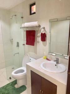 y baño con aseo, lavabo y ducha. en Bentrina Diving Resort en Mabini