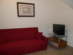 a living room with a red couch and a tv at Milla's house rome in Rome