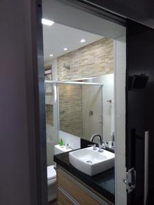 a bathroom with a white sink and a mirror at Apartamento Santana Expo Center Norte vista Top cidade de São Paulo e Paulista in São Paulo