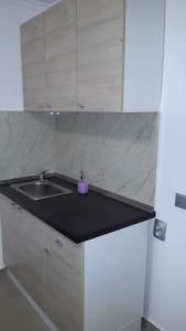 - un comptoir de cuisine avec évier et bougie violette dans l'établissement Guesthouse Tatyana, à Pŭrvenets