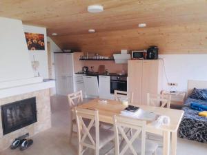 a kitchen and living room with a table and a fireplace at Ubytovani U lišáka FOXE in Bulhary