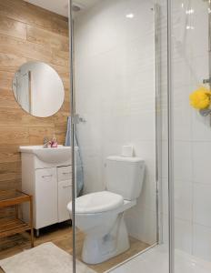 een badkamer met een toilet en een glazen douche bij Chatki Góralskie in Rabka