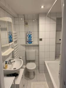 a bathroom with a toilet and a sink and a tub at Big, cosy and central apartment in Karlsruhe