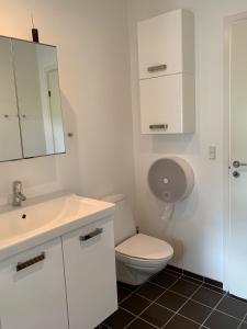 a white bathroom with a toilet and a sink at Tusindfrugt B&B in Store Heddinge