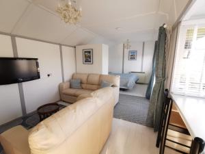 a living room with a couch and a tv at HOLLYDENE LODGE in Whitstable