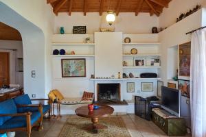 un salon avec un canapé et une cheminée dans l'établissement Estate with amazing views of Poros, à Poros