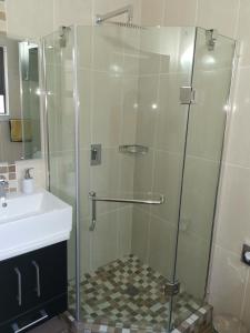 een douche met een glazen deur naast een wastafel bij Lucolo Palace B&B - Mthatha in Mthatha