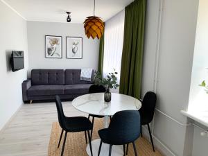 阿尼克什奇艾的住宿－Patogus Miegas IV，客厅配有白色的桌子和椅子