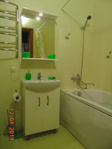 ein Badezimmer mit einem Waschbecken, einer Badewanne und einem Spiegel in der Unterkunft Уютная квартира в районе Медуниверситета in Winnyzja