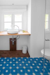 a bathroom with a blue floor with white stars at meinsachsenwald forsthaus friedrichsruh in Aumühle