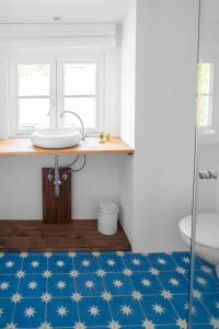 ein Badezimmer mit blauem Boden und weißen Sternen in der Unterkunft meinsachsenwald forsthaus friedrichsruh in Aumühle