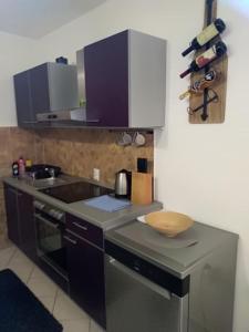 een keuken met een fornuis, een wastafel en een aanrecht bij Apartments Visnja in Omiš