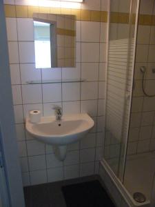a bathroom with a sink and a shower at Ferienhaus am Kloster Stuben in Bremm +10 photos