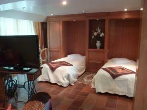 a room with two beds and a flat screen tv at Hotel Restaurant Les Pins logis in Haguenau