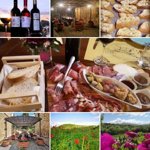 kolaż zdjęć z butelkami wina i jedzeniem w obiekcie Agriturismo Casalpiano w mieście Pienza