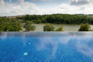 a large blue swimming pool next to a river at Résidence L'Oustal Del Carlat in Carla-Bayle