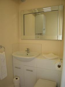 a bathroom with a sink and a toilet and a mirror at Knights Rest Conwy Town 5 Star in Conwy