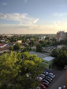 vista su una città con auto parcheggiate in un parcheggio di Skyline Central Apartment a Timişoara