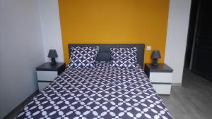 a bedroom with a large bed with two night stands at Le patio d'olivier in Lalinde