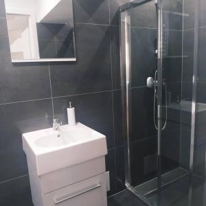 a bathroom with a sink and a shower at Apartament w starej kamienicy in Mrągowo