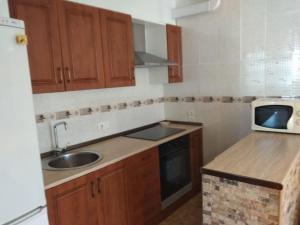 cocina con armarios de madera, fregadero y microondas en Apartamento Guillem, en Riumar