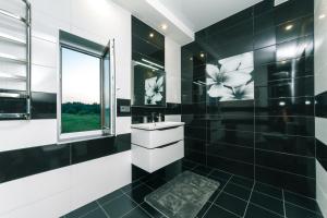 a black and white bathroom with a sink and a window at GuestHouse on the Lake with Bathhouse 70 km from Kiev in Makariv