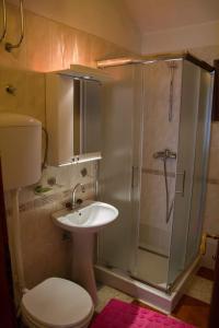 a bathroom with a shower and a sink and a toilet at Apartmani Skver Sanja in Herceg-Novi